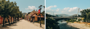street in Cetinje, and Millennium Bridge, Podgorica