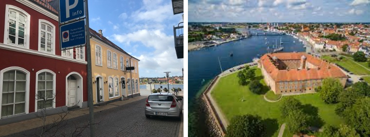 Colored homes in the city and the view from the Sonderborg Castle