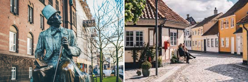 Sculpture of Christian Andersen and a small authentic road in the city